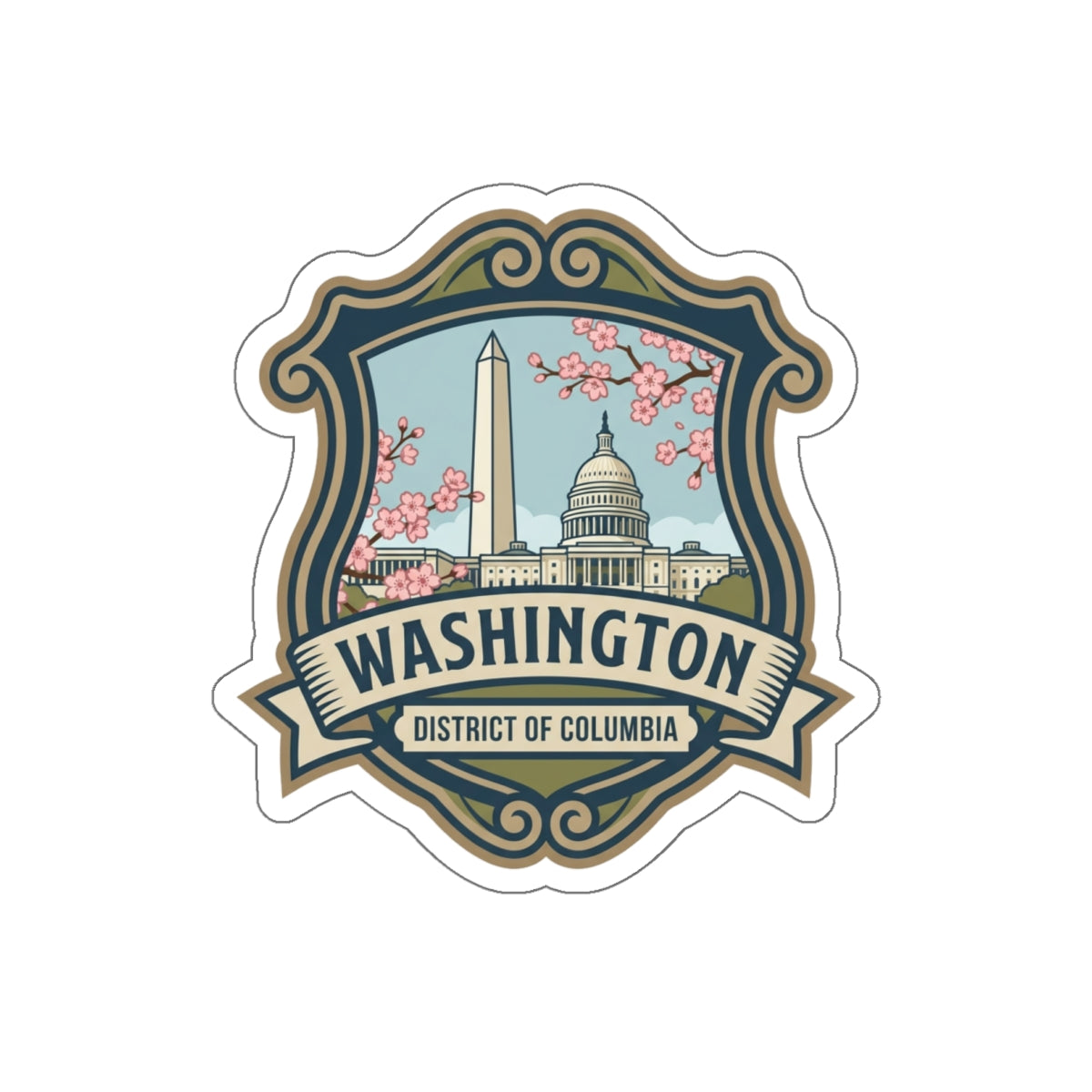 Die-cut sticker featuring the outline of Washington D.C. with a star indicating the capital.
